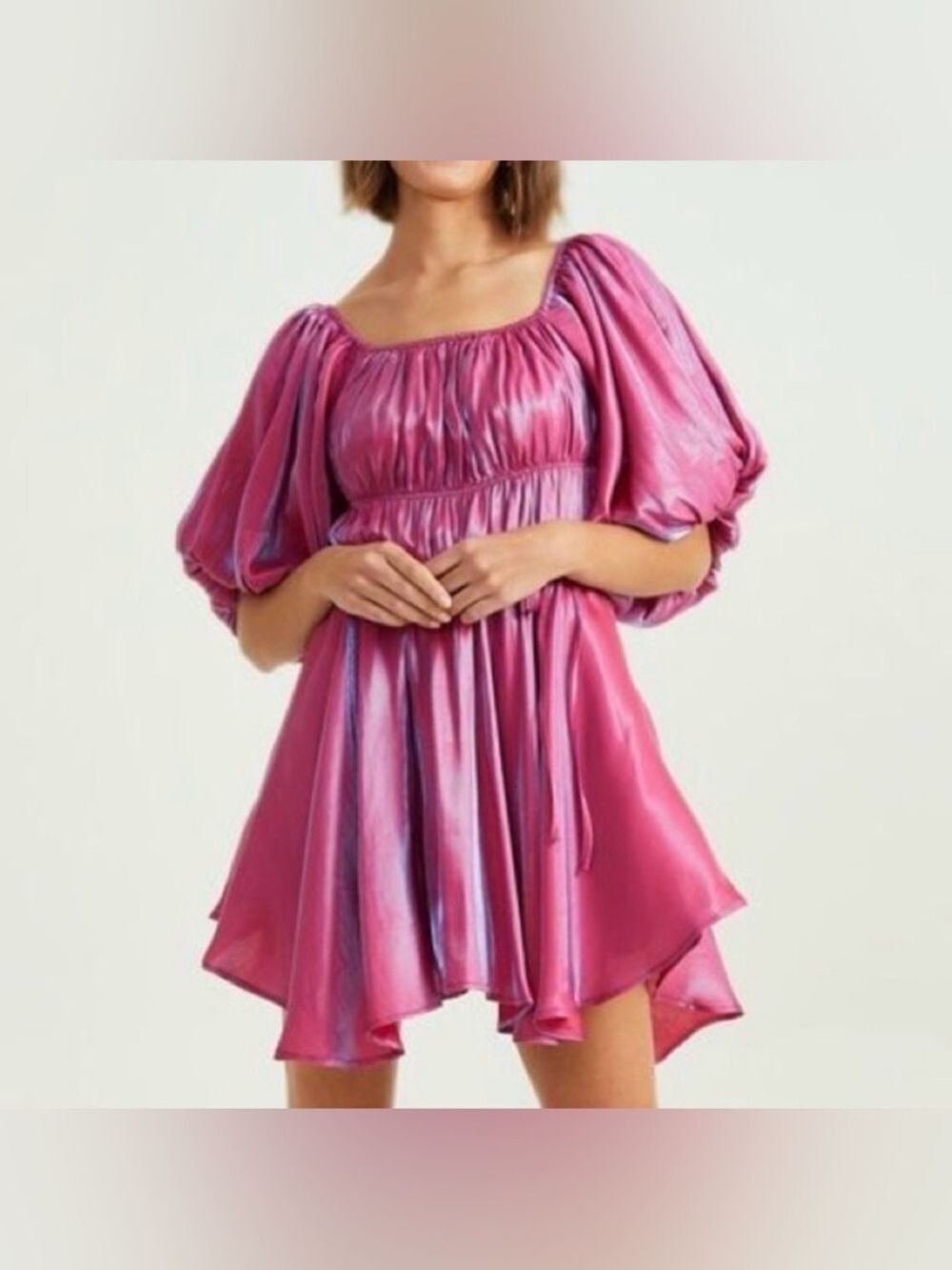 Altar’d State Amabella Iridescent Pink Satin Puff-Sleeve Mini Dress M Festival